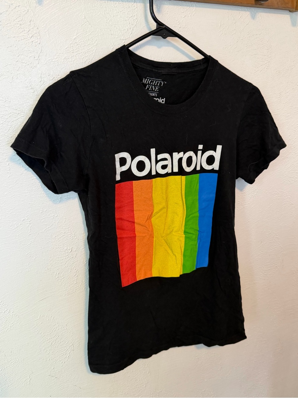 Polaroid Black Tee with Red, Orange, Yellow, Green, Blue Stripes